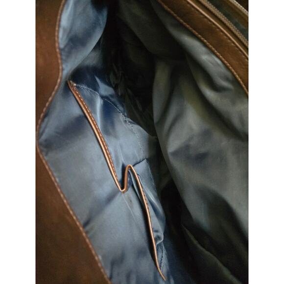 Tommy Hilfiger Monogram Tote Bag Brown Leather & Blue Pattern 13"x13"x4.5" - Picture 5 of 13